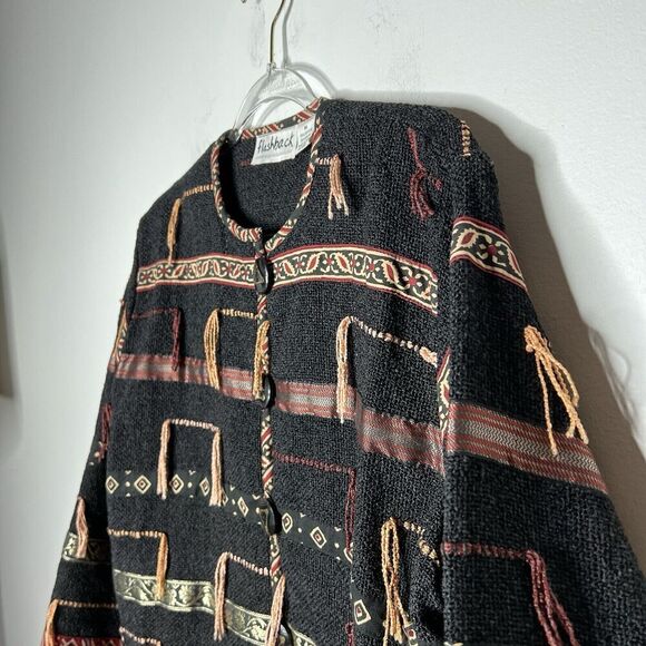 Flashback Jacket Womens Medium Black Knit Boho Tassel Western Intricate Vintage - Picture 6 of 13